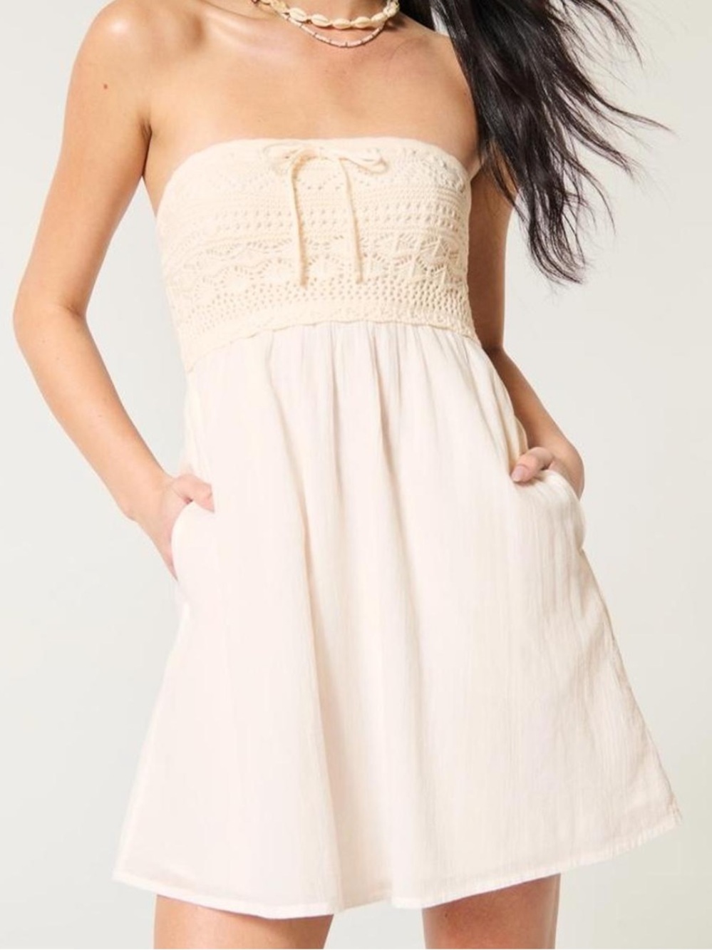 Hollister Strapless Cream Crochet-Bodice Sundress